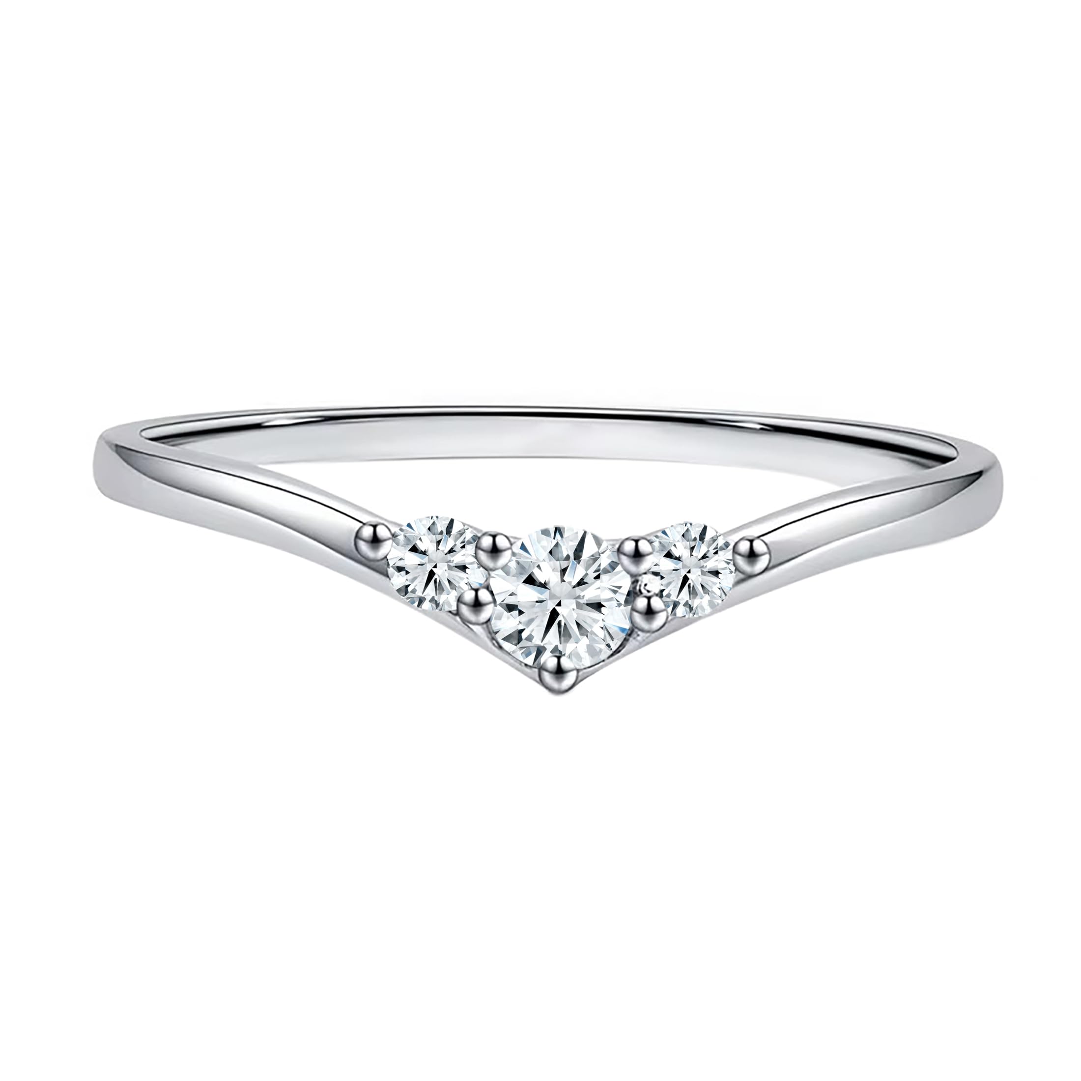 0.10 Carat GRA Certified D Color VVS1 Round Moissanite 3 Stone Minimalist Chevron Stackable Ring for Women in 925 Sterling Silver