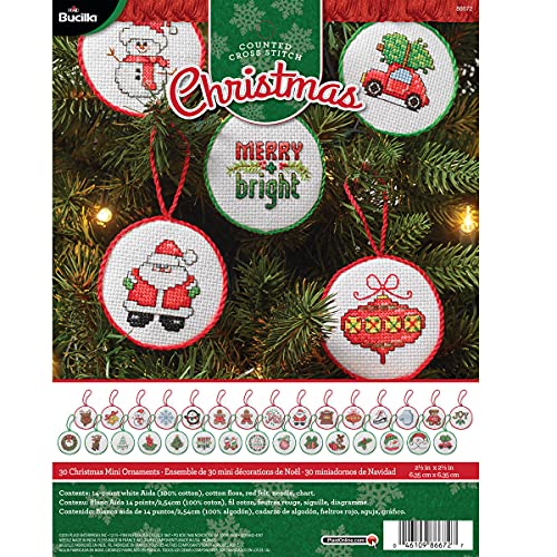 Bucilla Counted Cross Stitch Mini Ornament Kit, Christmas (Set of 30)