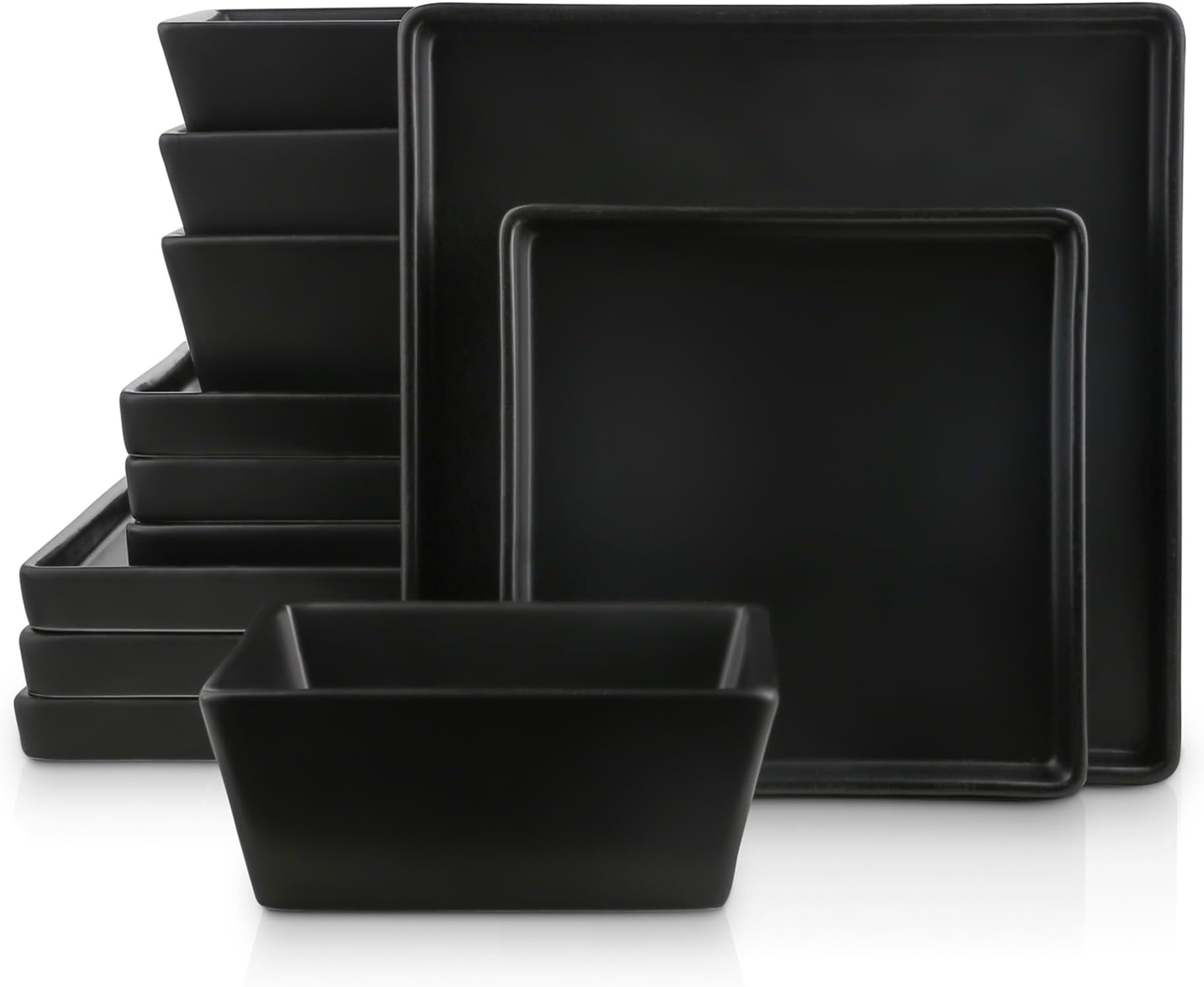 Grace Square Stoneware Dinnerware Set, 12 Piece Service For 4, Plates and Bowls Dish Set, Black