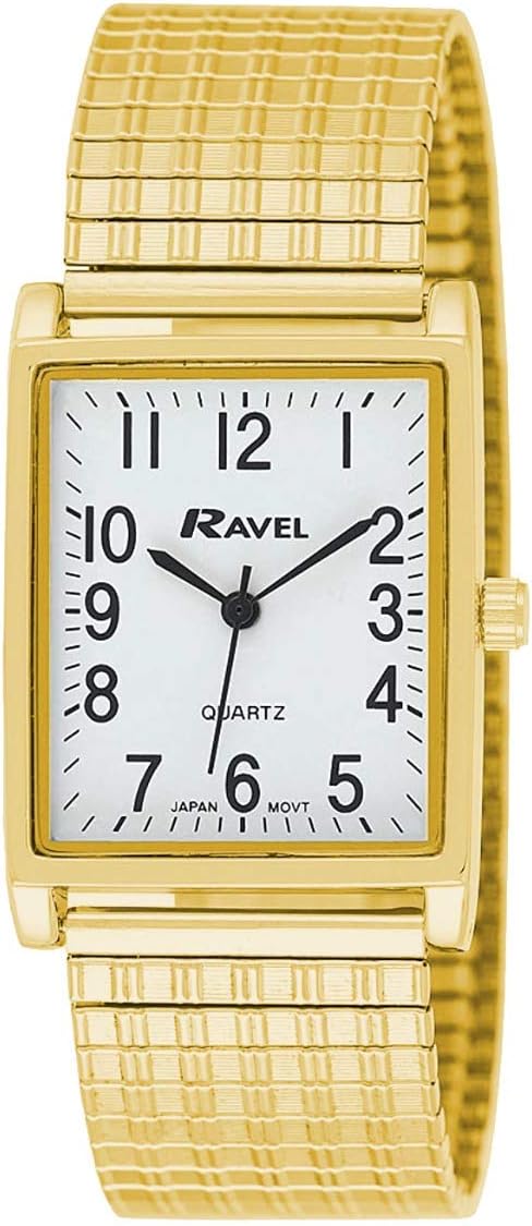 Gents White Rectangle Dial Goldtone Expander Bracelet Strap Dress Watch R0220.01.1