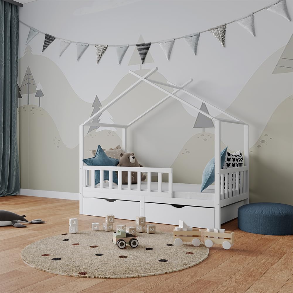 VitaliSpa Letto montessori bambini Franka, Bianco, 80x160 cm con 2 cassetti e materasso, adatto per materassi fino a 90x200 cm e combinabile