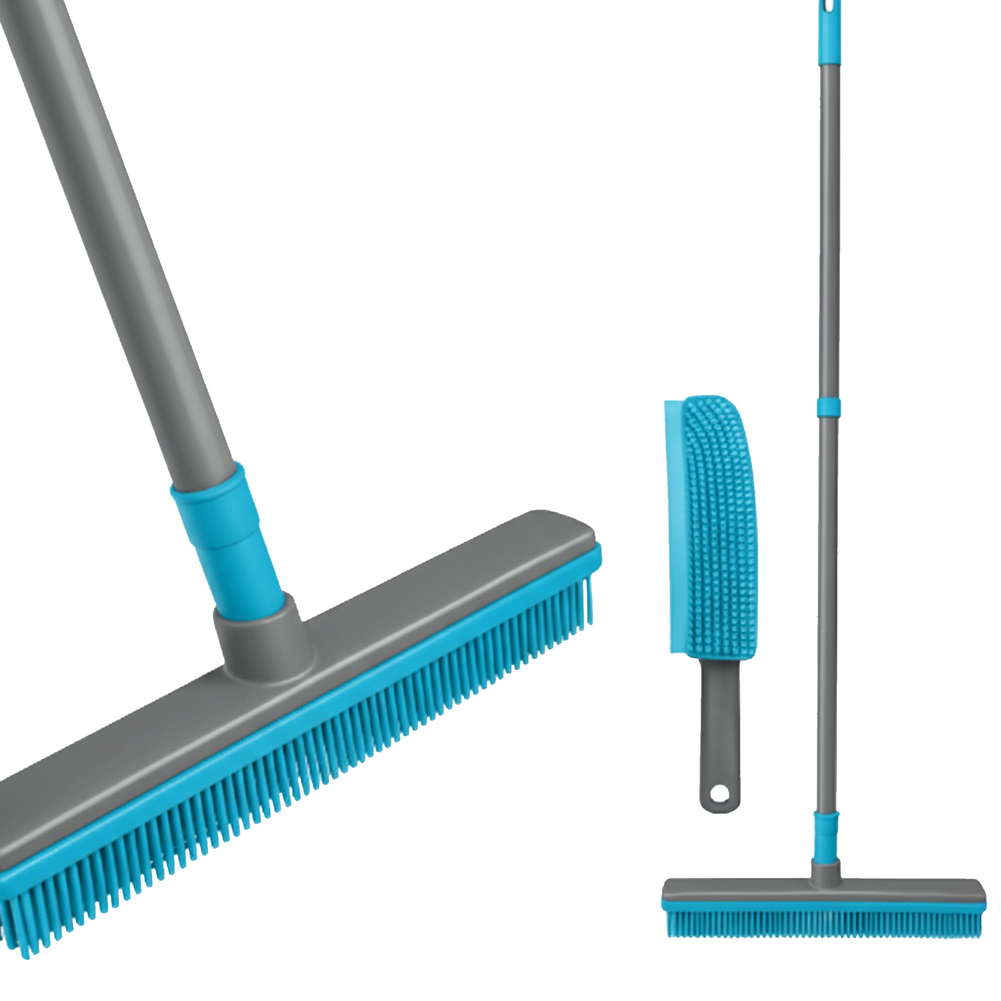 Rubber Broom Pet Hair Remover Set, Extendable Long Handle Carpet Rake with Squeegee Edge and Rubber Hand Brush, Fur Remover for Carpets Rugs Hard Floors Windows and Car, Grey Teal