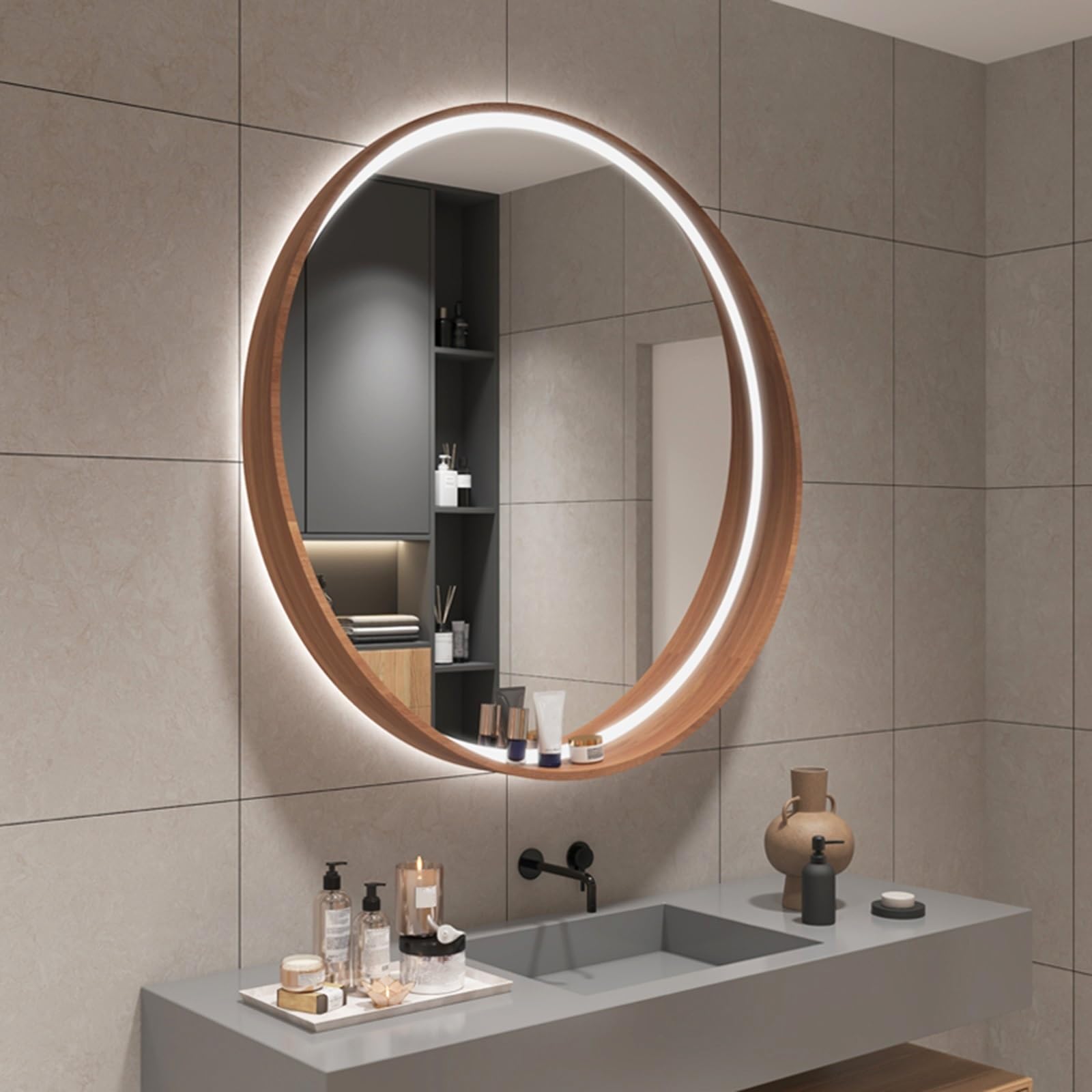SXFSDOU Lighted Round Bathroom Mirror with Anti-Fog, Illuminated Makeup Touch Sensor and Shelf, Dimmable 3-Color LED