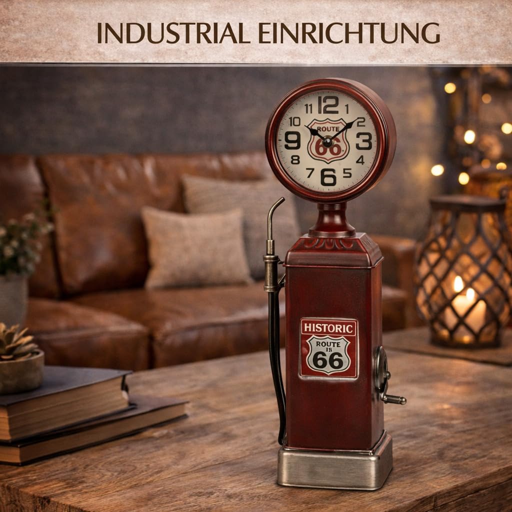 formano Metall Standuhr Tankstelle Retro Tischuhr 40 cm im Route 66 Design Quarz Laufwerk 1x AA Batterie, Vintage Deko Uhr für Wohnzimmer, Büro & Regal im Industrial Stil