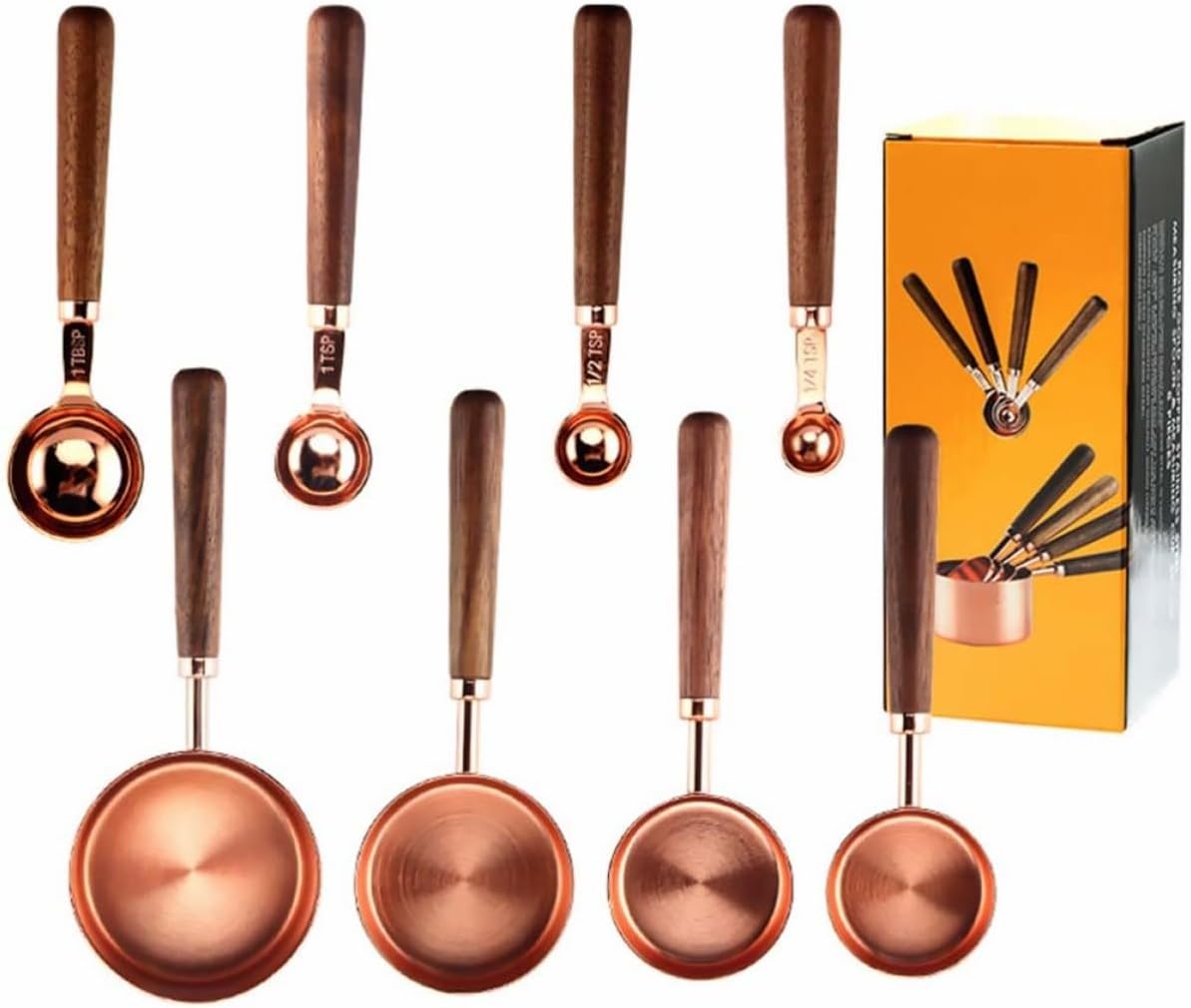 8pcs Walnut Handle Stainless Steel Measuring Spoons and Cups Set with Rose Gold Finish, Double Graduated Units, Easy to Clean Multifunction Baking Supply for Kitchen Cooking