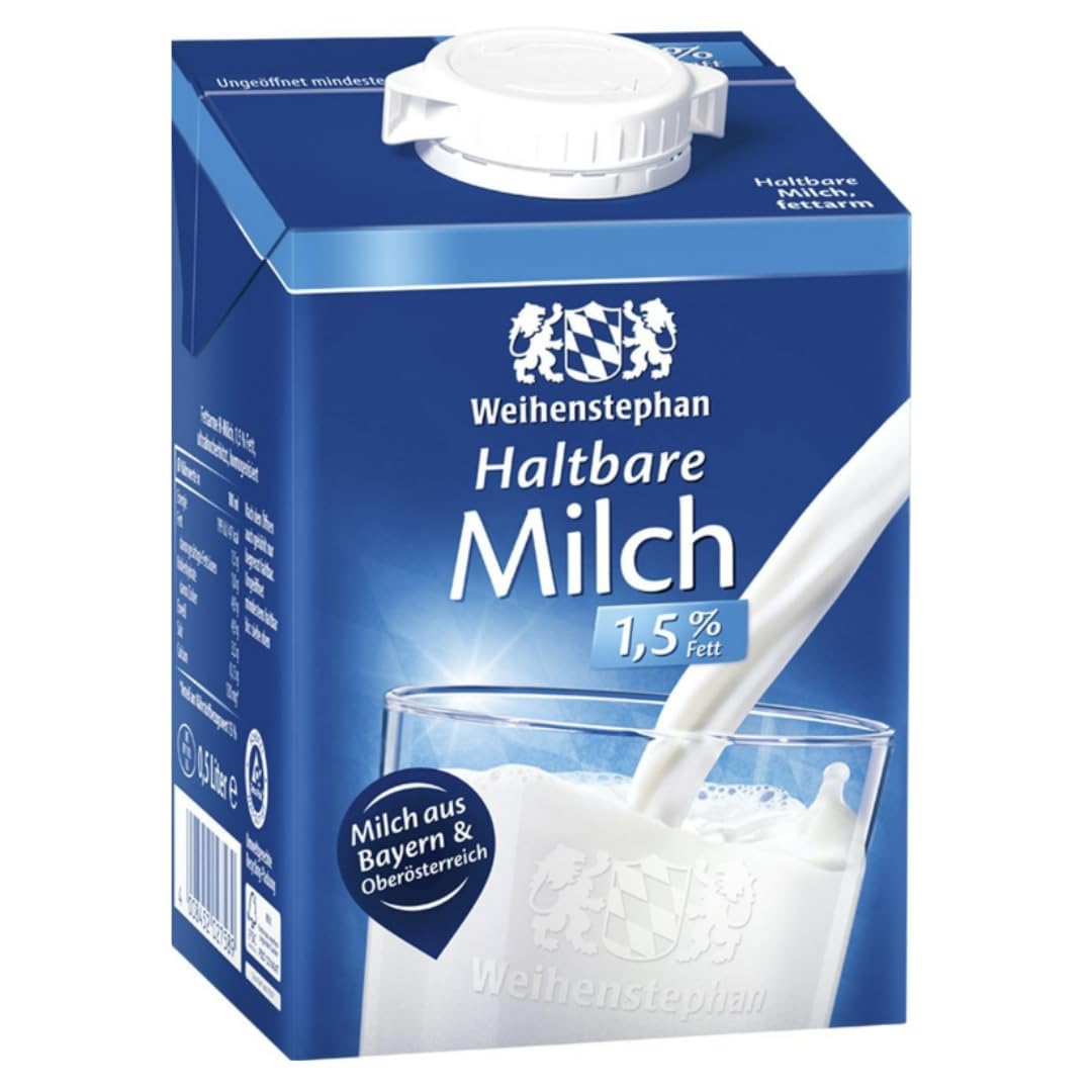Weihenstephan Milch fettarme H-Milch 1,5% Fett, je 0,5 Liter, 60 Stück mit Pufai Grocery