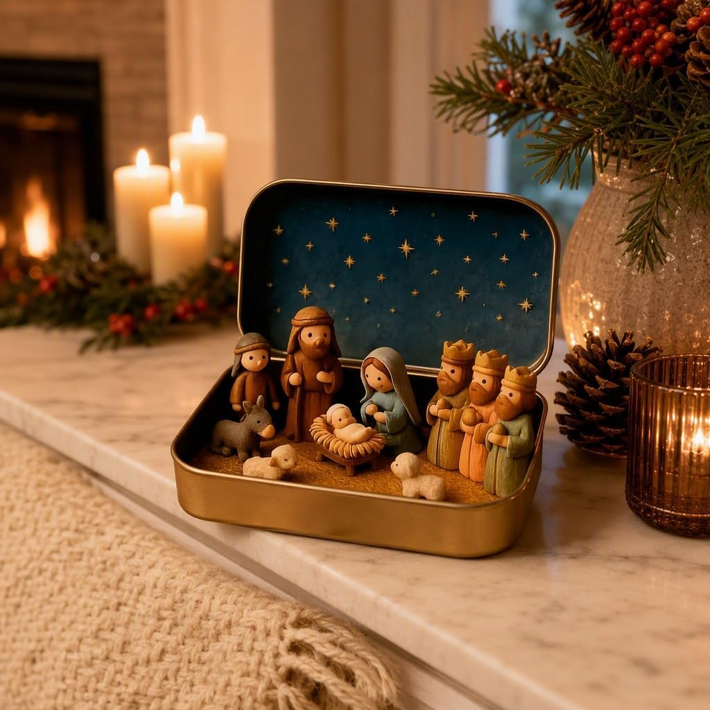 3PC Mini Christmas Nativity Set in Tin Box, Handcrafted Pocket Size Holy Family Figurines, Tabletop Mantel Decor, Meaningful Christmas Stocking Stuffer Gift for Family Church Members