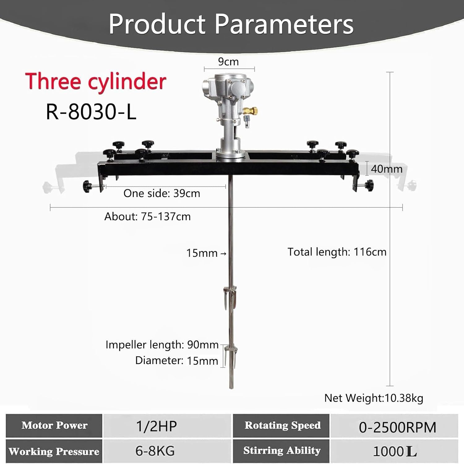 IBC Ton Barrel Pneumatic Paint Mixer, Adjustable Speed 0-2500RPM, Stand Mixer with Support Hanger for Efficient Stirring of Paint and Coatings, 3 Cylinders