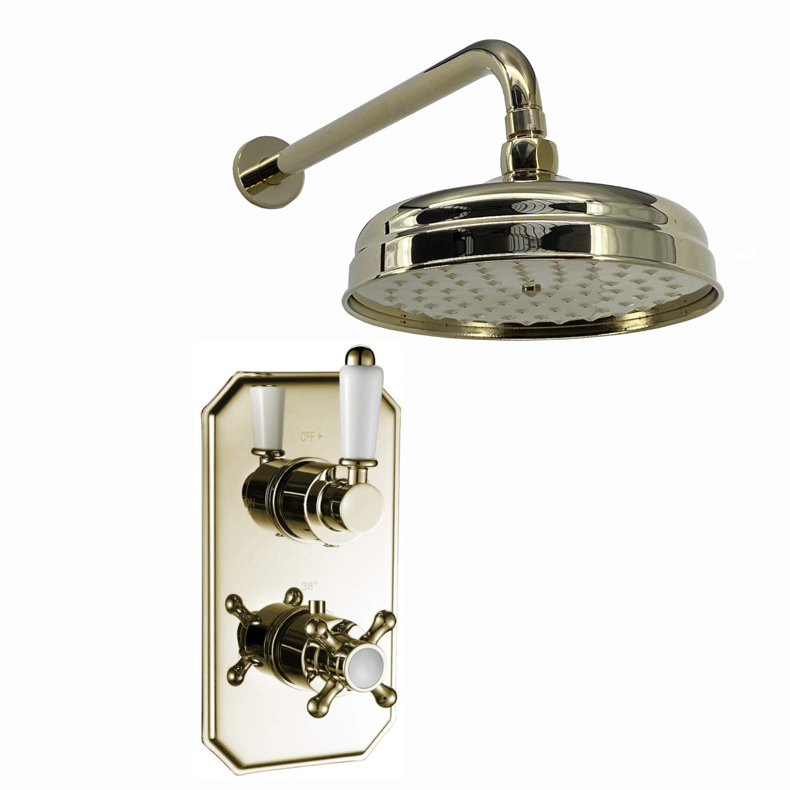 Enki Gold Sh0270 Regent Traditional Crosshead And White Lever Concealed Thermostatic Shower Set Wall Fixed 8" Shower Head - (1 Outlet)