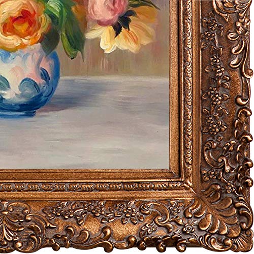 La Pastiche Vase Of Roses And Dahlias By Pierre-Auguste Renoir Oil Painting, 29.5" X 33.5", Burgeon Gold Frame #TOP1