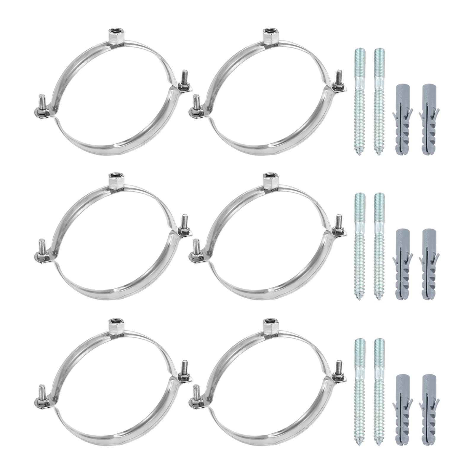 sourcing map 6 Set Adjustable Pipe Bracket Clamps 4-5/16" (110mm) Stainless Steel Wall Ceiling Mount Split Ring Hanger Metal Pipe Supports Clamp with Screws & Expansion Tube for Pipe Tube (M10)