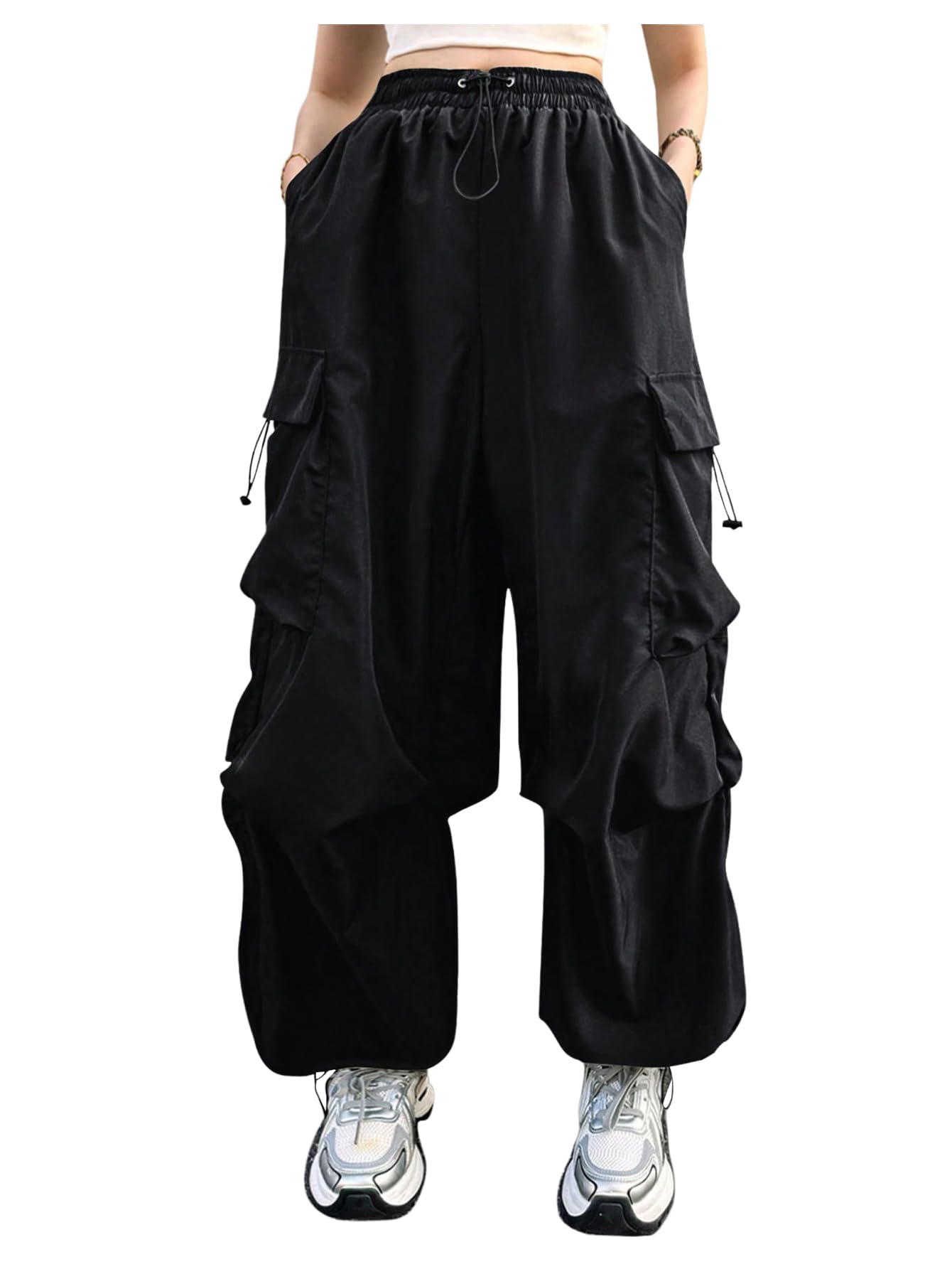 Verdusa Womens Plus Size Cargo Pants Drawstring High Waist Flap Pocket Loose Trousers