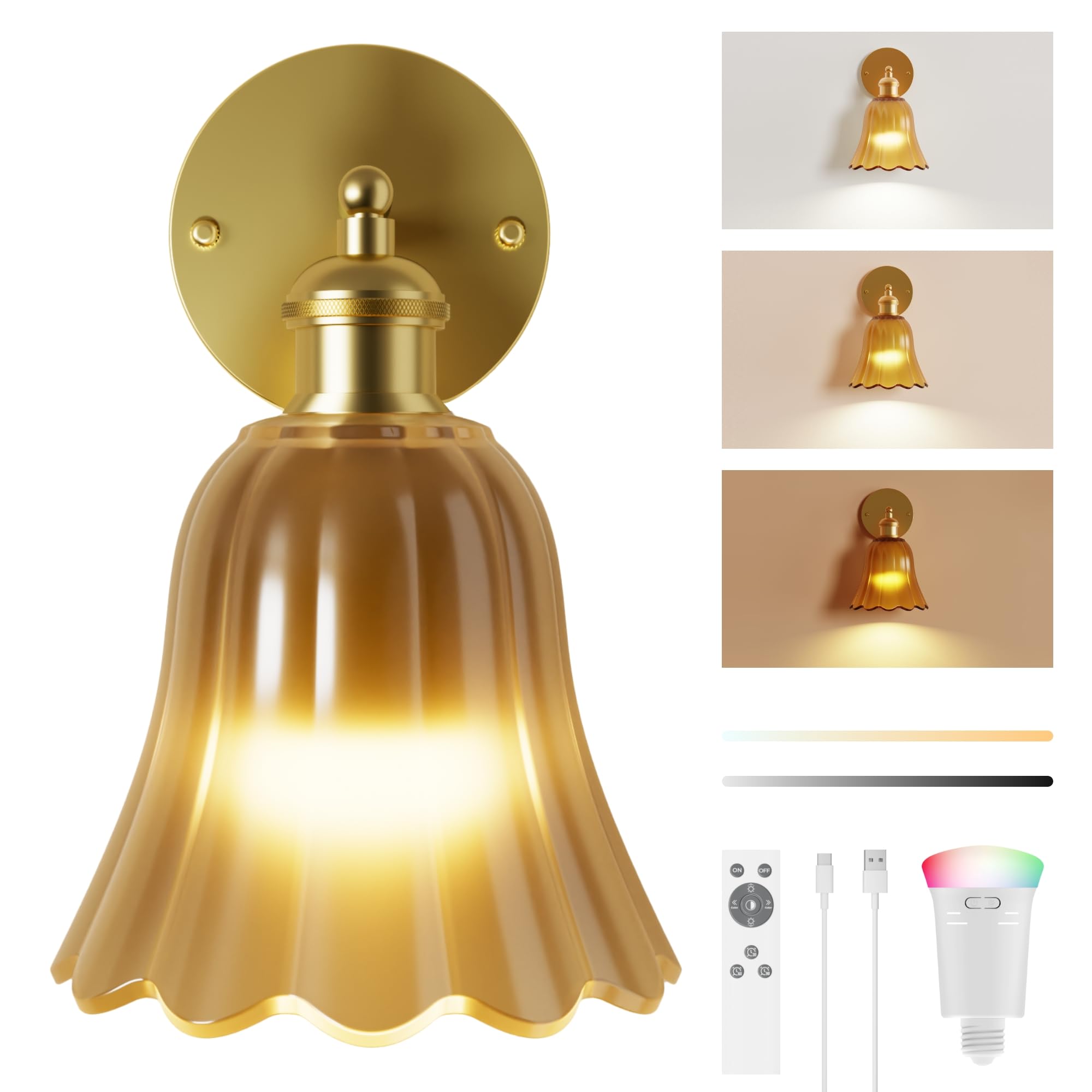 FULEN Vintage Battery Operated Wall Sconce with Amber Tulip Glass Lampshade Wireless 10000mAh Rechargeable Battery Powered Wall Light with Remote Control for Bedside Bedroom Livingroom Doorway