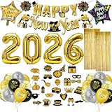 Kit De DéCoration De FêTe Du Nouvel An 2026, Constitué De Ballons En Aluminium Noir Et Or, De BannièRe DéCorative Avec Inscription « Happy New Year », Accessoires De DéCoration De FêTe