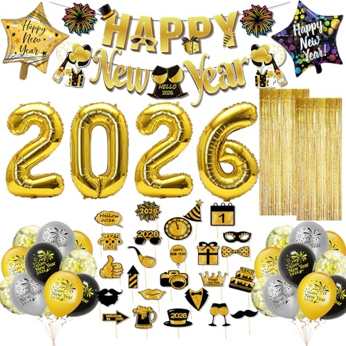 2025 New Year Party Decoration Kit Black Gold Foil Balloons Happy New Year Banner Party Decoration Accessories