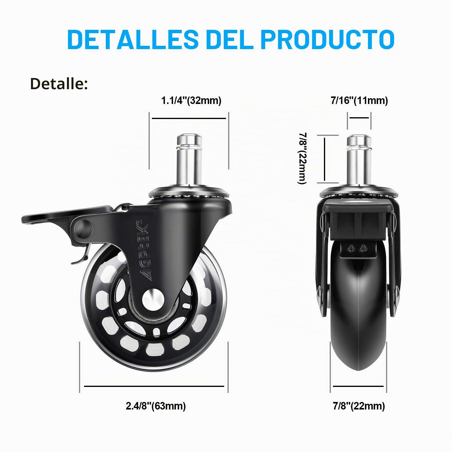 AGPTEK Juego de 5 Ruedas de Reemplazo para Silla de Oficina 11x22 mm (con Freno y Desarmador), Ruedas para Silla Resistentes Universales Pivotantes con Sistema de Freno Único