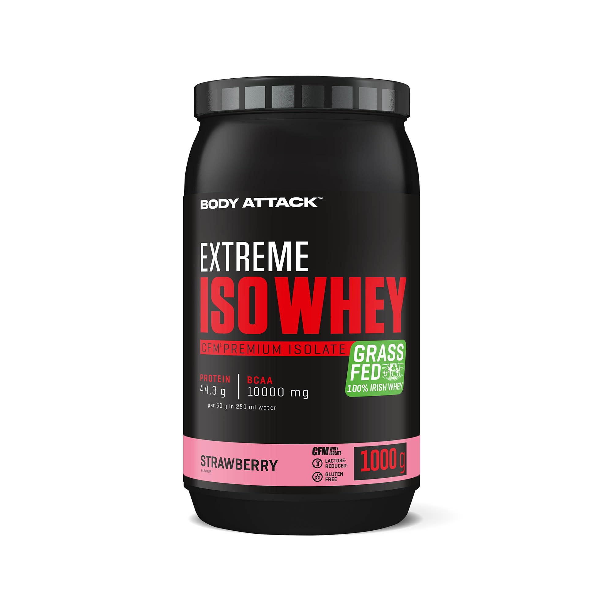 Body Attack Whey Protein w proszku Strawberry, 1 kg białka w proszku, łatwo rozpuszczalny i szybko przyswajalny izolat serwatkowy – ze 100% irlandzkiego mleka wierzbowego