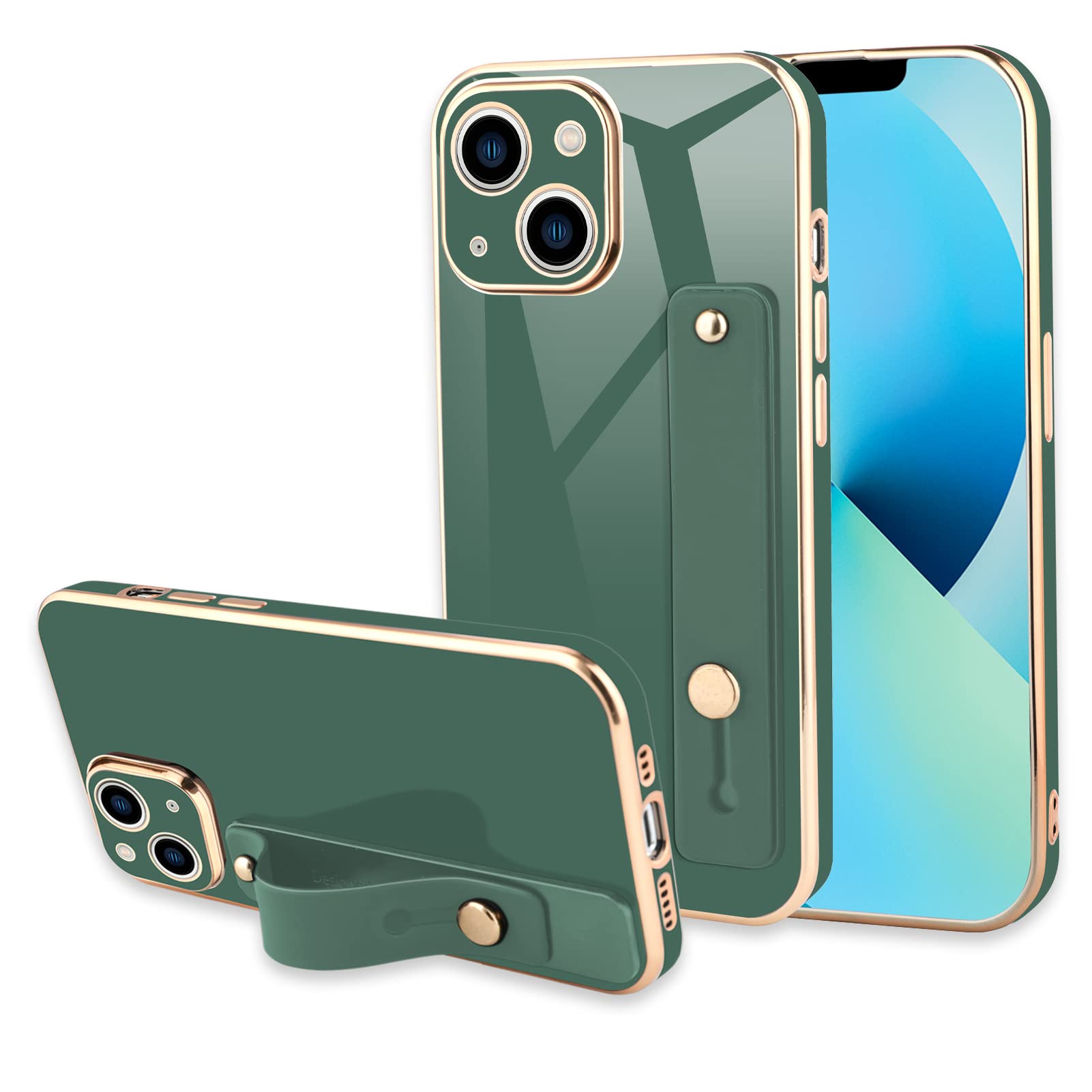 TEAUGHT Case for iPhone 14 Max Soft TPU Dark Green Plating with Adjustable Wristband Kickstand Slim Thin Cover Anti-Scratch Shockproof Protective Case for Women Girls Men