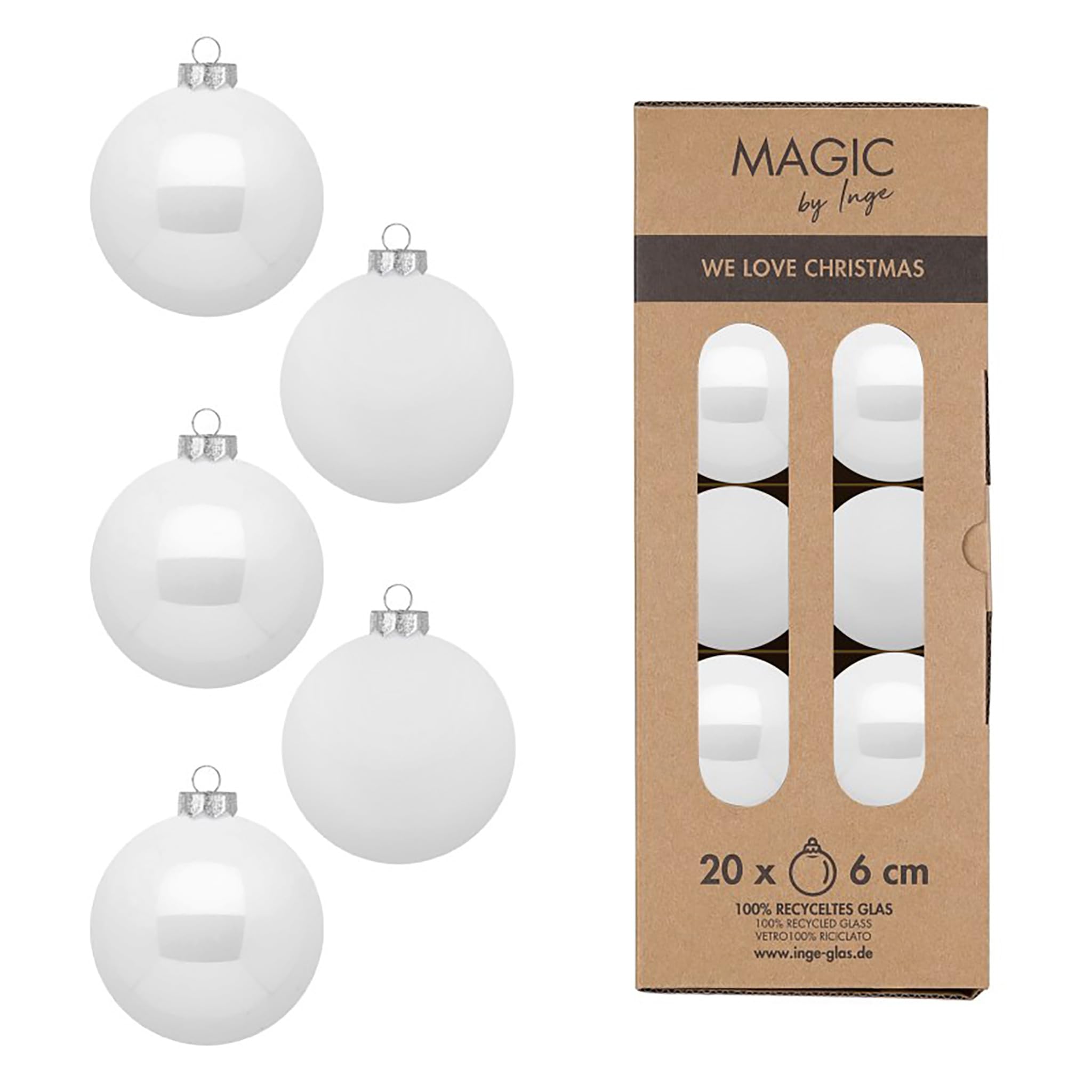 Weihnachtskugeln aus Glas, 6 cm, 20 Stück – matt & glänzend, Schneeweiß