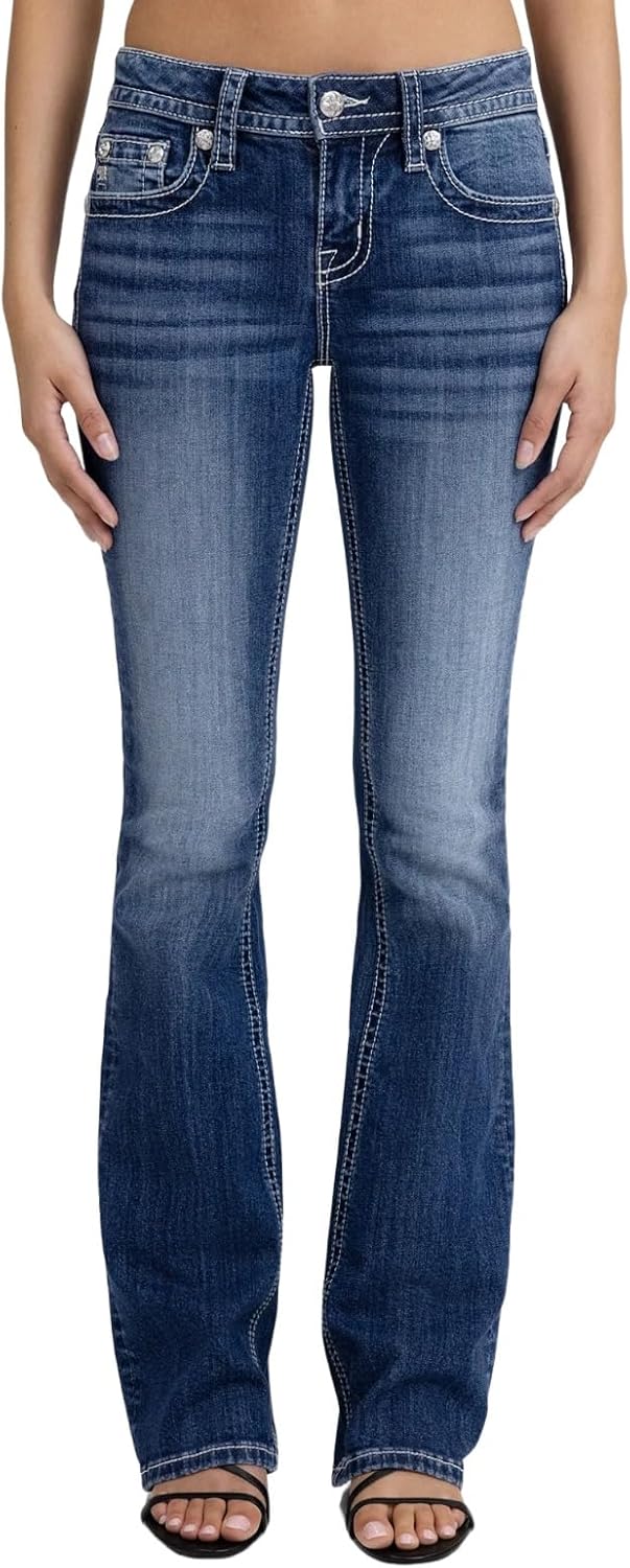 Miss Me Women's Star Spangled Chic Mid Rise Bootcut Jeans with Faux Flap Pockets