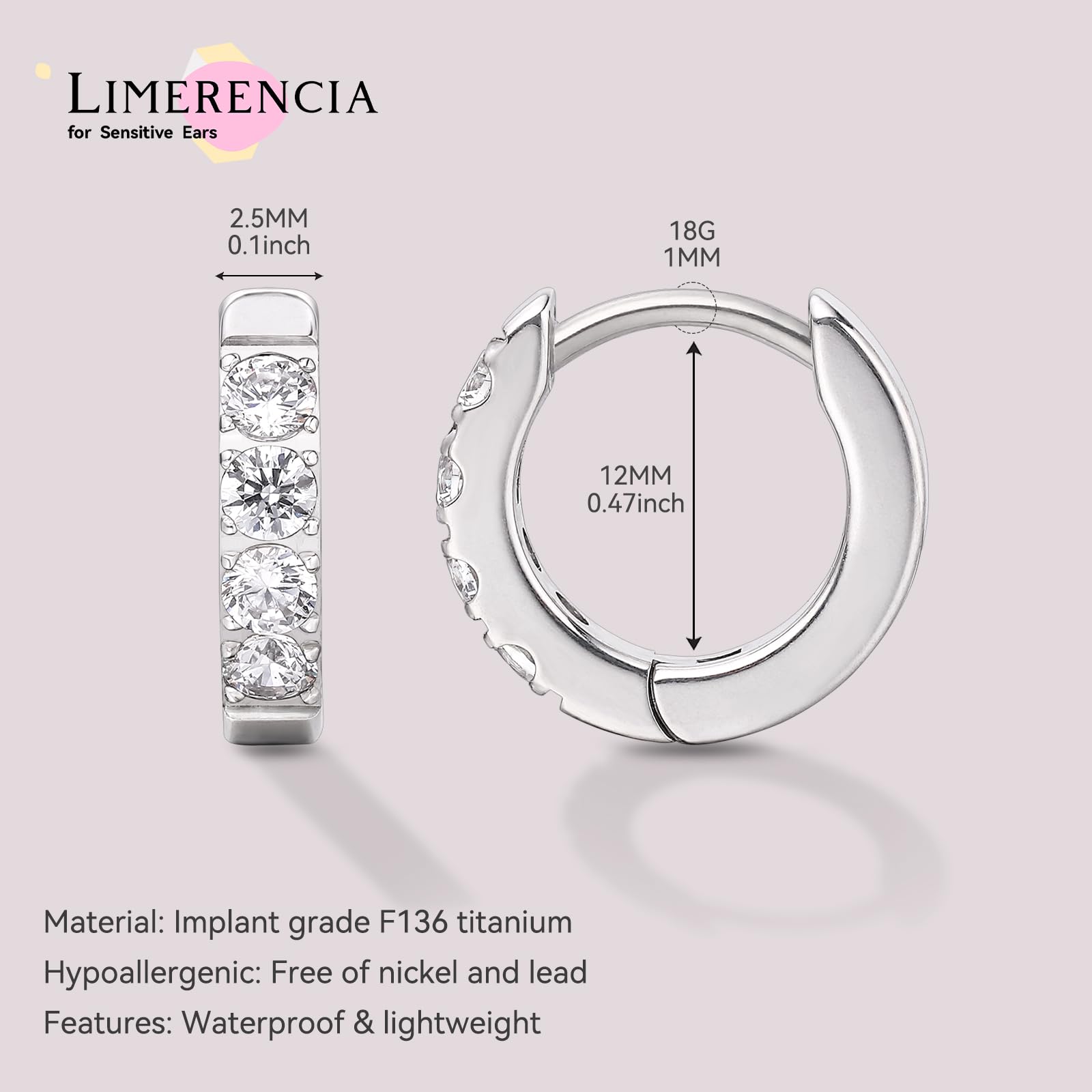 limerencia G23 Orecchini a Cerchio Anallergici per Orecchie Sensibili,Huggie Hoop Orecchini in Titanio 8 mm/10 mm/12 mm,Orecchini Argento Diamante per Donna Uomo Bambina