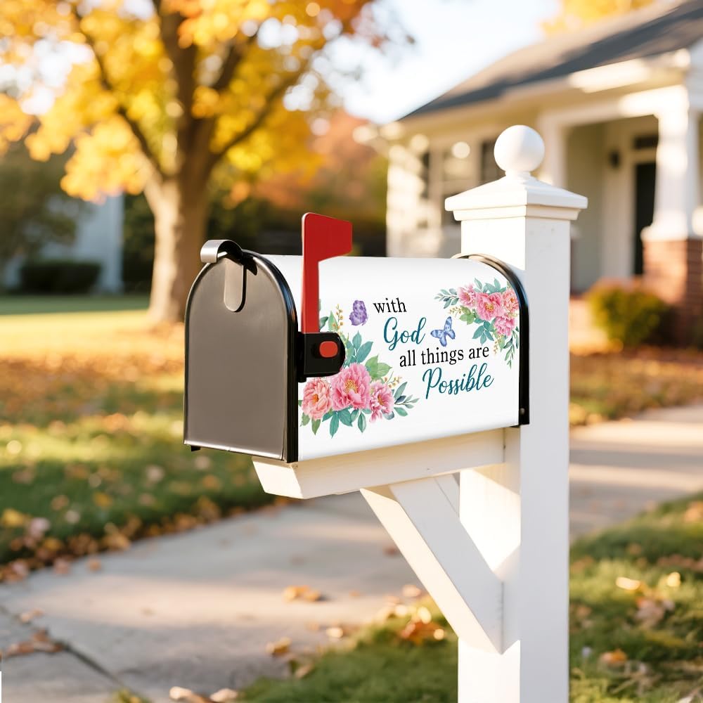 TOUNER with God All Things are Possible Mailbox Covers, Religious Magnetic Letter Box Wrap, Peony Flower Post Box Decor for Outdoor Garden Yard Porch, Mailbox Decor Gifts for Friends Neighbors