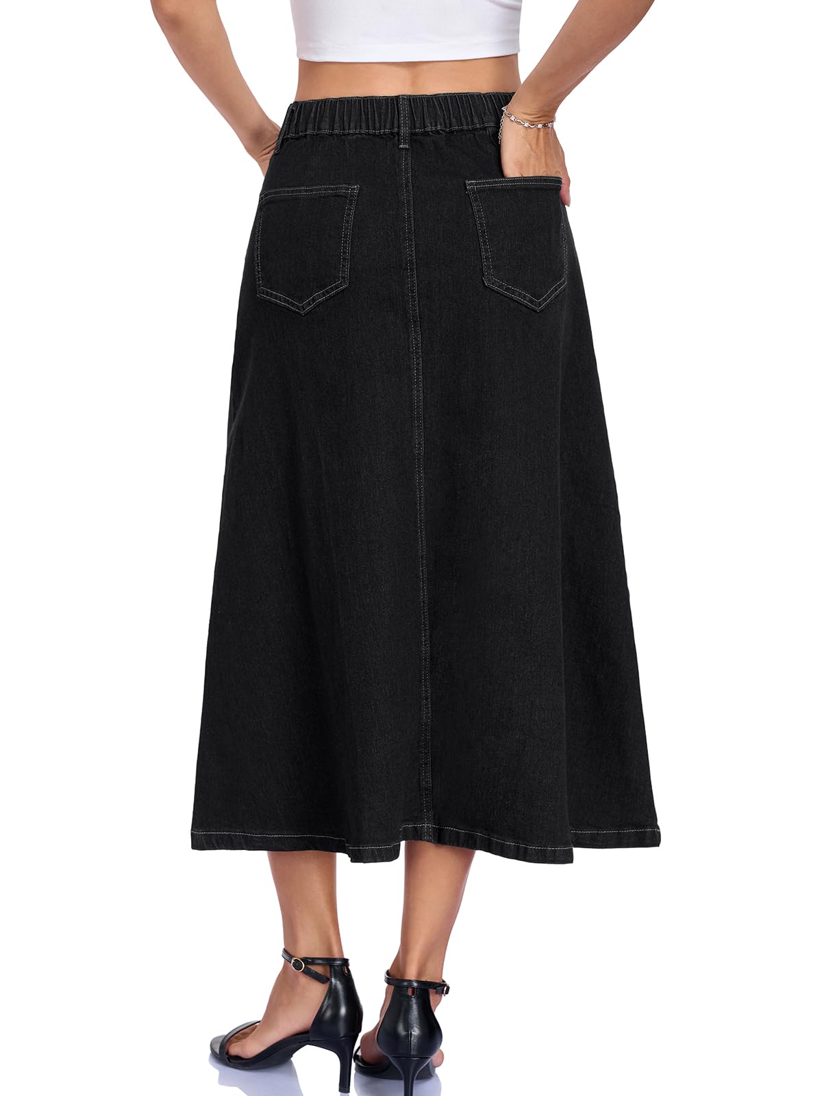 HOTIAN Langer Maxi-Jeansrock für Damen, A-Linie, dehnbar, hoch gewaschen, ausgestellt, Midi-Röcke mit Taschen