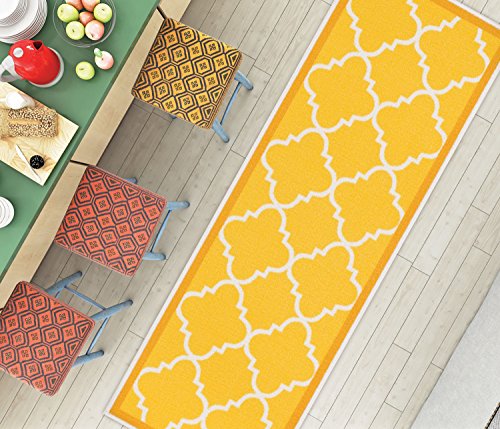 Non-Slip Rubber Back (2' X 7' Runner) Rug Dallas Moroccan Trellis Yellow Modern Geometric Lattice Thin Pile Machine Washable Indoor Outdoor Kitchen Entry #TOP2