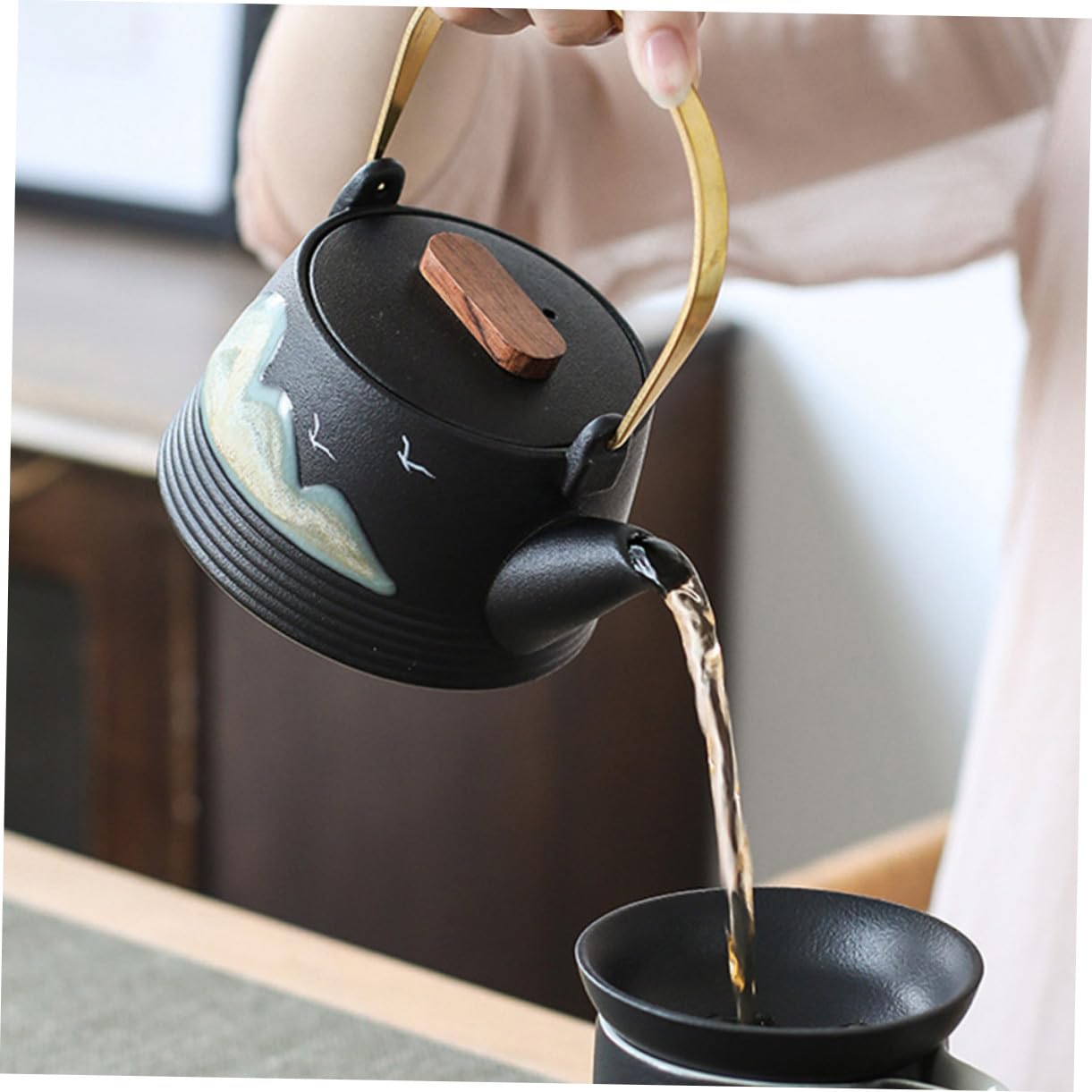 Cabilock Tetera de Cerámica Pintada a Mano Negra Asa Fría para Preparar Té en Casa o Sala de Té Profesional, Diseño Creativo Infusionar