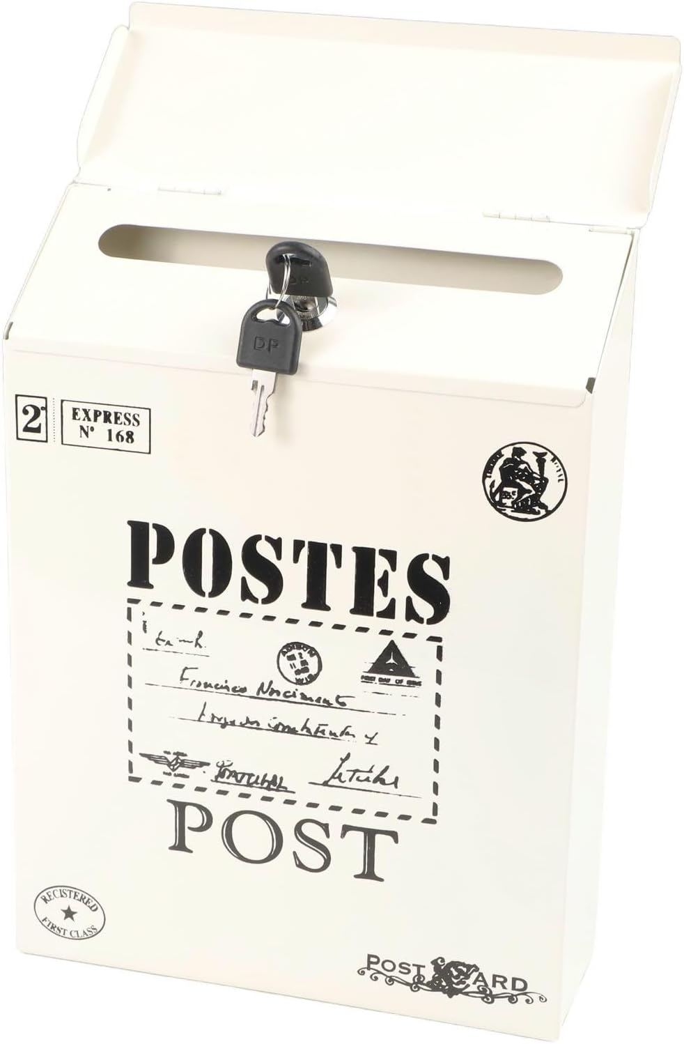 Vintage Wall Mount Mailbox Lockable Iron Outdoor Letter Box with Keys for Garden Home Decor Retro Style Newspaper Holder Large Capacity White Green Blue(White)