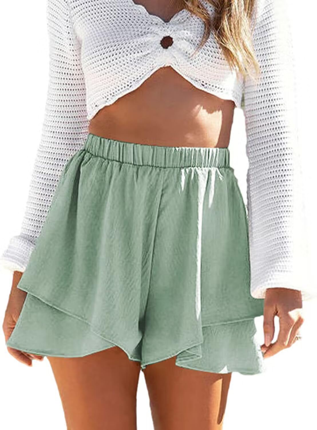 YOCUR Womens Flowy Casual Shorts Boho Simple Ruffle Tiered Skorts High Waist Wide Leg Loose Beach Vacation Cute Shorts