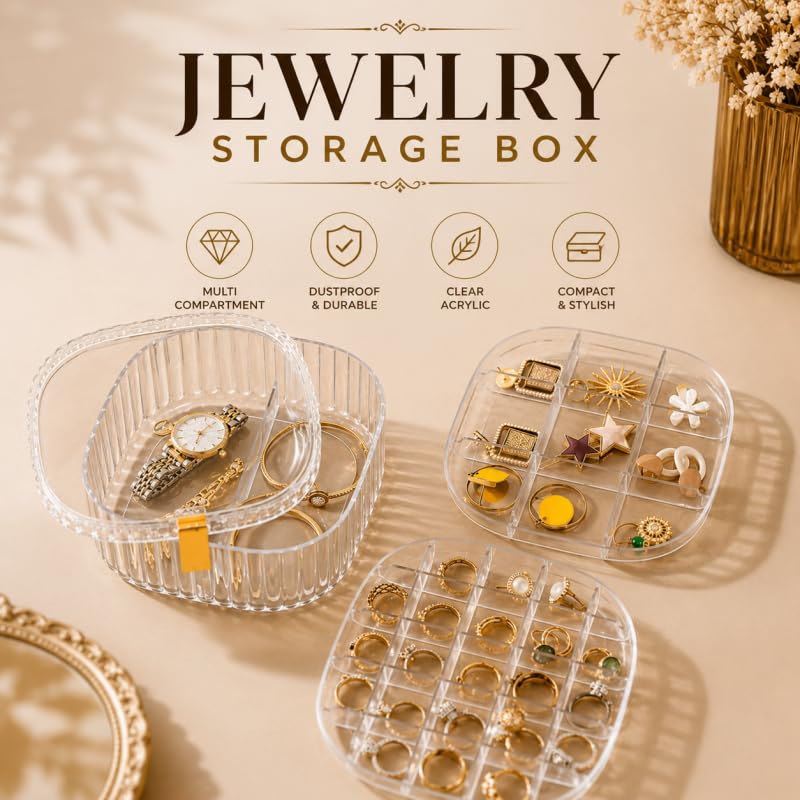 Image of Xmart India Acrylic Jewellery Organizer Box with Lid, Transparent Storage Case for Earrings, Rings, Necklaces, Bracelets and Makeup Accessories for Women and Girls (3 Layer)