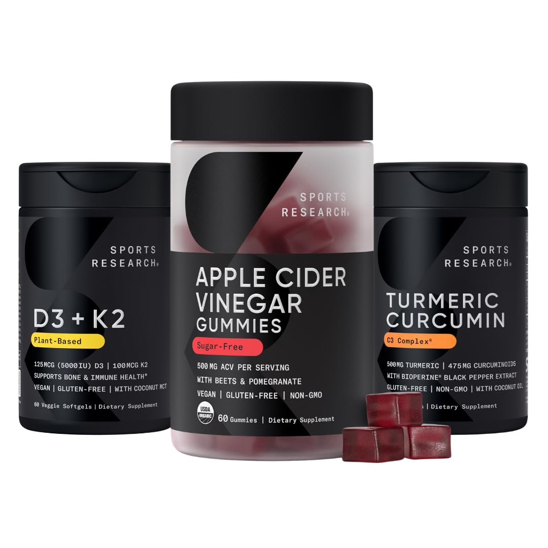 Sports Research® Multivitamins Pack - Organic Apple Cider Vinegar Gummies + Vitamin D 5000iu & Mk7 Vitamin K 100mcg + Turmeric Curcumin C3 Complex