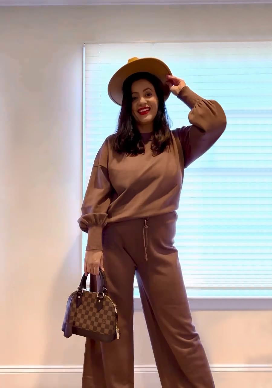 ETCYY NEW Womens Elegant Lounge Sets Knitted Sweatsuit Sets 2 Piece Outfits with Sweater Tops and Wide Leg Sweatpants