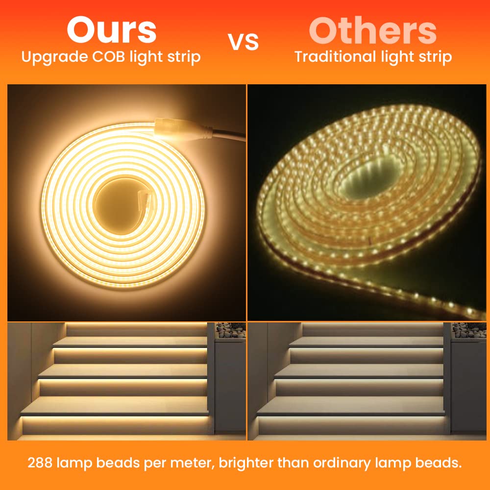 Tira LED neón COB 220V [20M，Blanco Cálido (3000-3500K)], IP65 impermeable flexible, 288 LEDs/m Tira LED FCOB cortable CRI85+, iluminación para dormitorio, cocina, sala de estar y tiendas