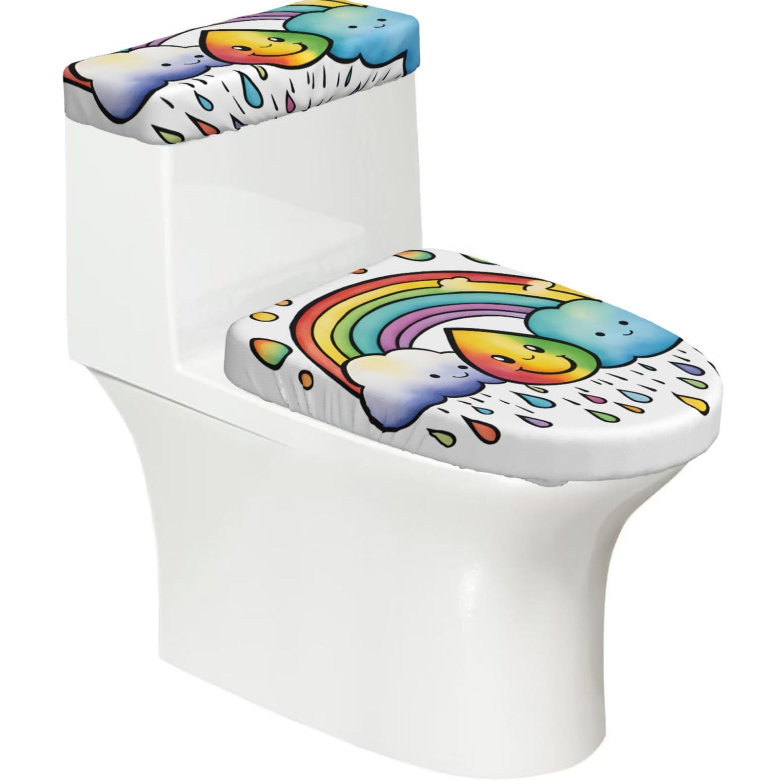 Rainbow Clouds Raindrop 1 Printed Toilet Tank and Lid Cover Set of 2 for Most Bathrooms, Fits Elongated Round Toilets