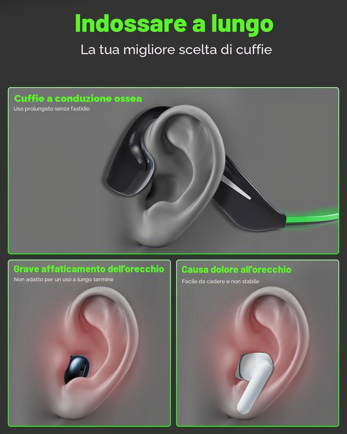 MONODEAL Cuffie conduzione ossea, Open Ear Auricolari Bluetooth 5.3 verdi con luce intelligente, 20 ore di autonomia, IPX7 resistenti al sudore, ideali per corsa e ciclismo