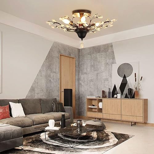 Miniatura 8 de TFCFL Candelabro vintage grande de ramas de cristal, moderna lámpara de techo semiempotrada con 4 luces E12 40W lámpara de techo de cristal de