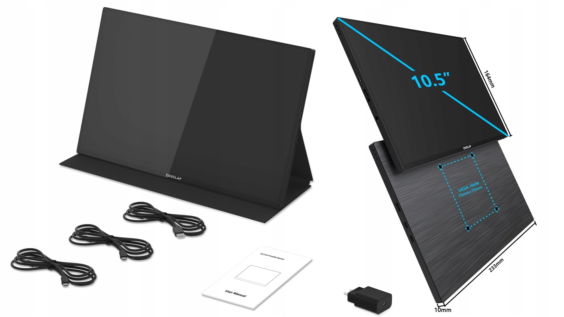 ZEUSLAP Z10T Monitor Przenośny Dotykowy 10,5" FHD IPS 1920x1280 USB-C Thunderbolt Mini HDMI HDR 100% sRGB do Laptopa Smartfona PS4 PS5 Xbox Nintendo Switch Dodatkowy Ekran do Pracy Rozrywki