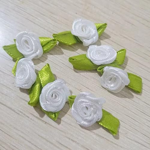 Miniatura 7 de Mini rosas de cinta, 100 flores de tela artificial con hojas verdes, rosetas rojas, mini rosas de cinta para manualidades, costura, manualidades,