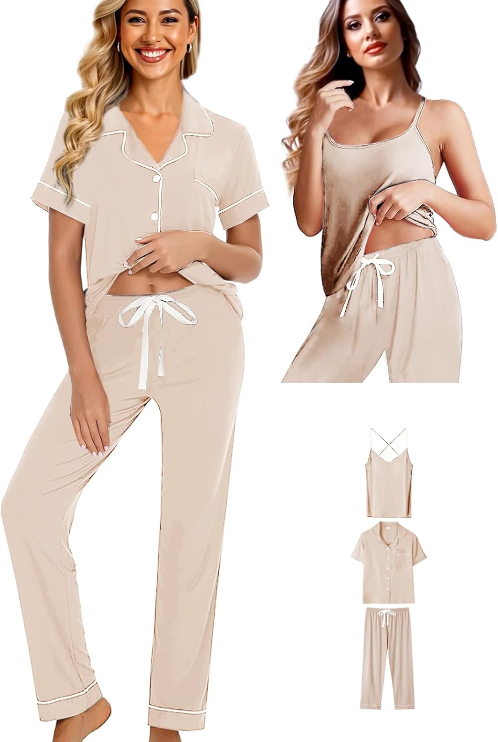 WJing Yi Jia Womens 3Pcs Soft Pajama Sets Sexy Camisole Lingerie XS-4XL Knit Pajamas Set Sleepwear Pjs Nightwear Lounge Sets