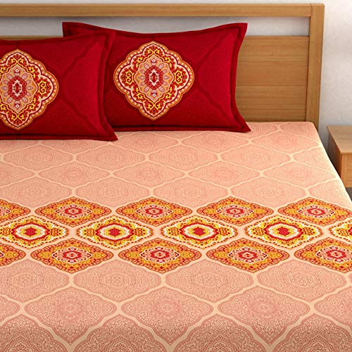 Image of Dreamscape 100% Cotton Fitted Queen Bedsheets with 2 Pillow Covers Cotton (Size 60 x 78 inches, 140TC, Colour Pink)