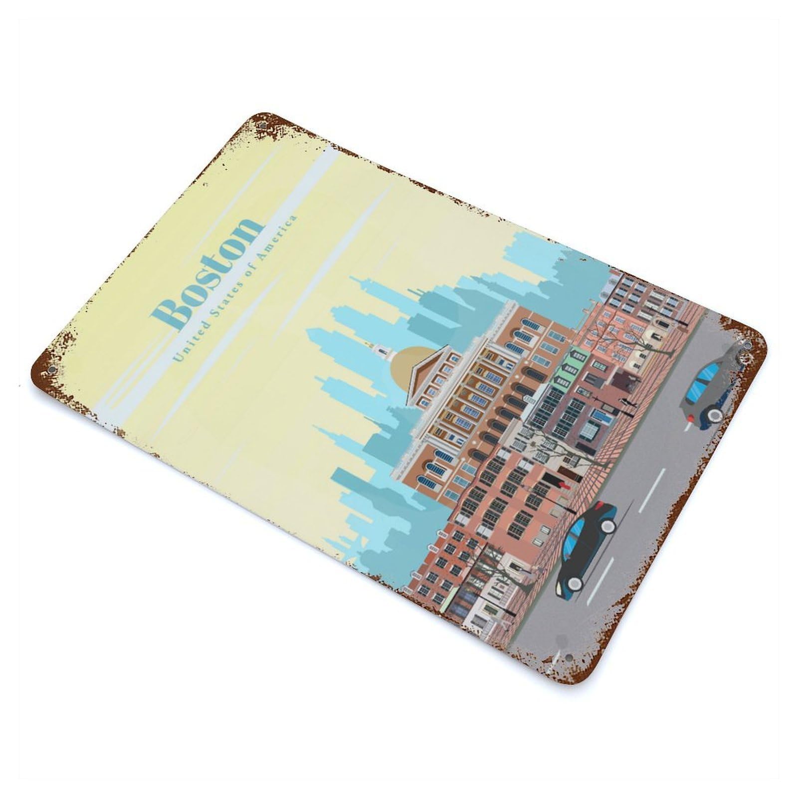 Travel to Boston Weathered Tin Sign 11.8"x7.9", Rustic Home Decor for Office, Studio And Wall Decor