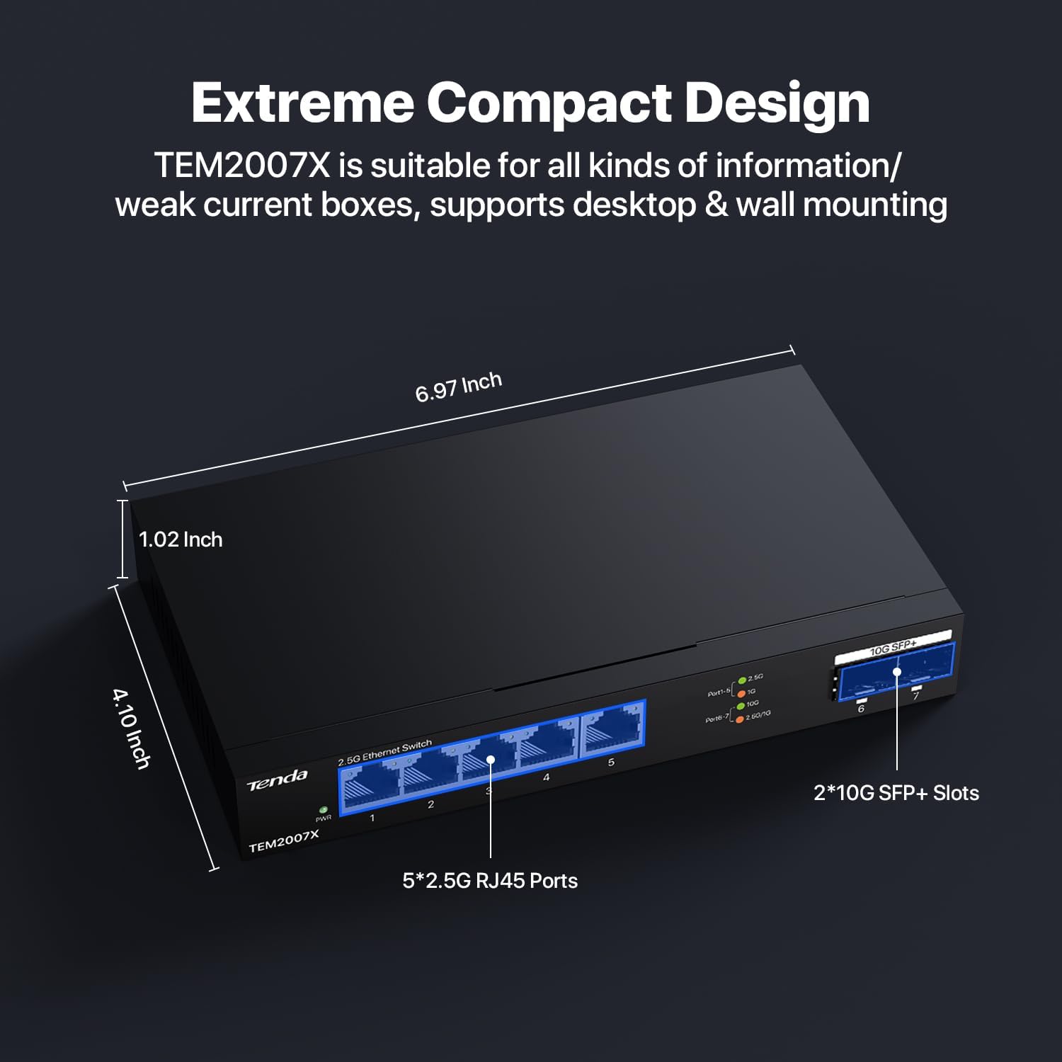 Tenda 2.5Gb Switch, 7-Port Ethernet Switch, 5 x 2.5G Ports + 2 x 10Gb SFP+ Slots, 50Gbps Switching Capacity, Plug & Play Unmanaged Ethernet Splitter, Fanless Metal Design, for NAS, Gaming PC