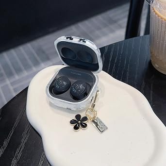 Samsung Galaxy Buds FEケース チェーン付き、クリア 花柄 耐衝撃保護カバー Galaxy Buds 2 Pro/2/Pro/live用 ブラック
