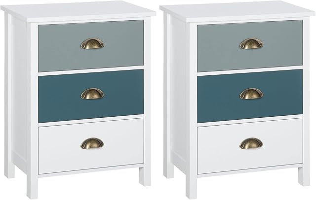 HOMCOM Bedside Table Set of 2 Chest of 3 Drawers Shabby Chic Nightstands with Metal Handle Sofa Side Table for Living Room, Bedroom,Grey and blue