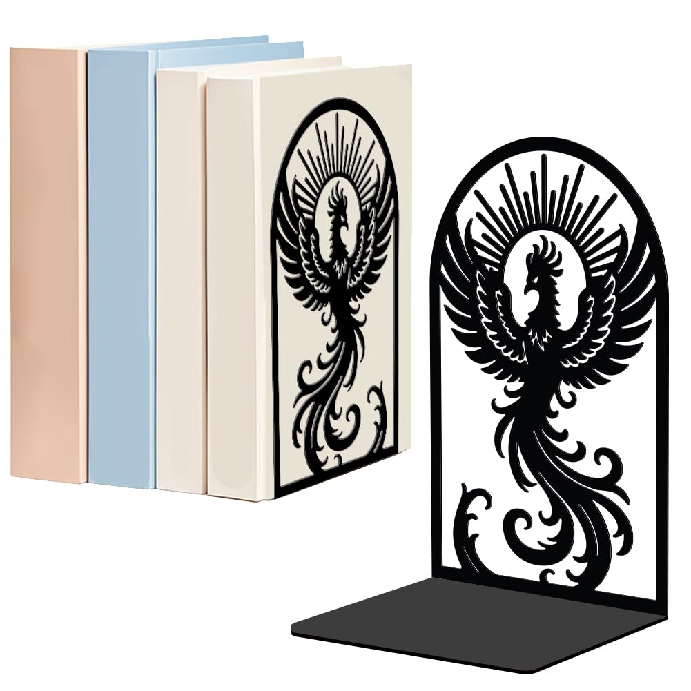 WADORN 1 Pair Phoenix Sun Metal Decorative Bookend for Shelves, Heavy Duty Book Ends Modern Non-Skid Book Holder Black Unique Design Books Stoppers for Desk School Library Home Office CDs File