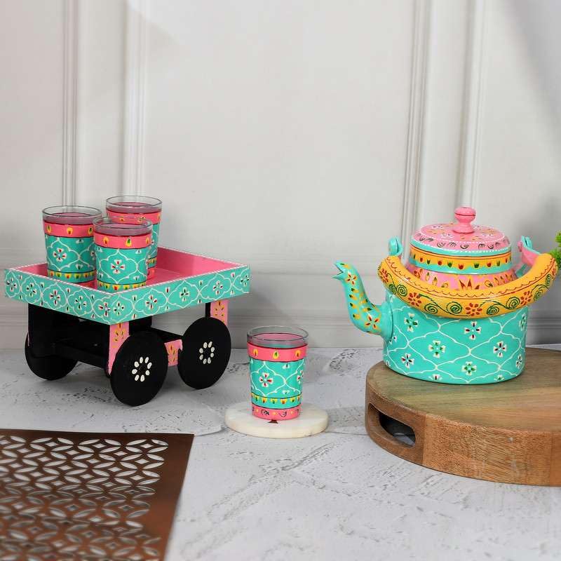 Image of Handpainted Alluminium Tea Kettle with Four Glasses and Wooden Tray for Home Dcor Tea Party Serving -04