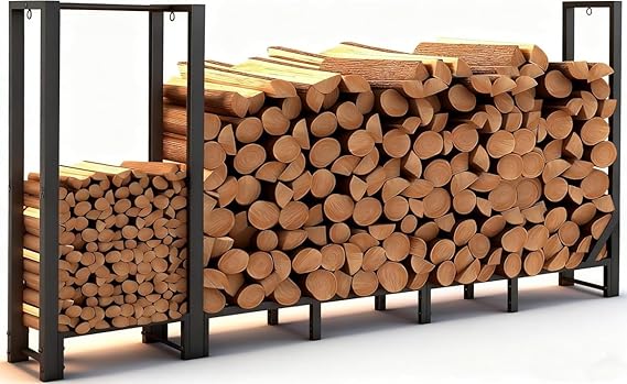 8ft Large Firewood Rack Outdoor, Heavy Duty Metal Wood Rack with Kindling Storage - For Indoor & Outdoor Fireplace, Wood Pile Organizer,Black