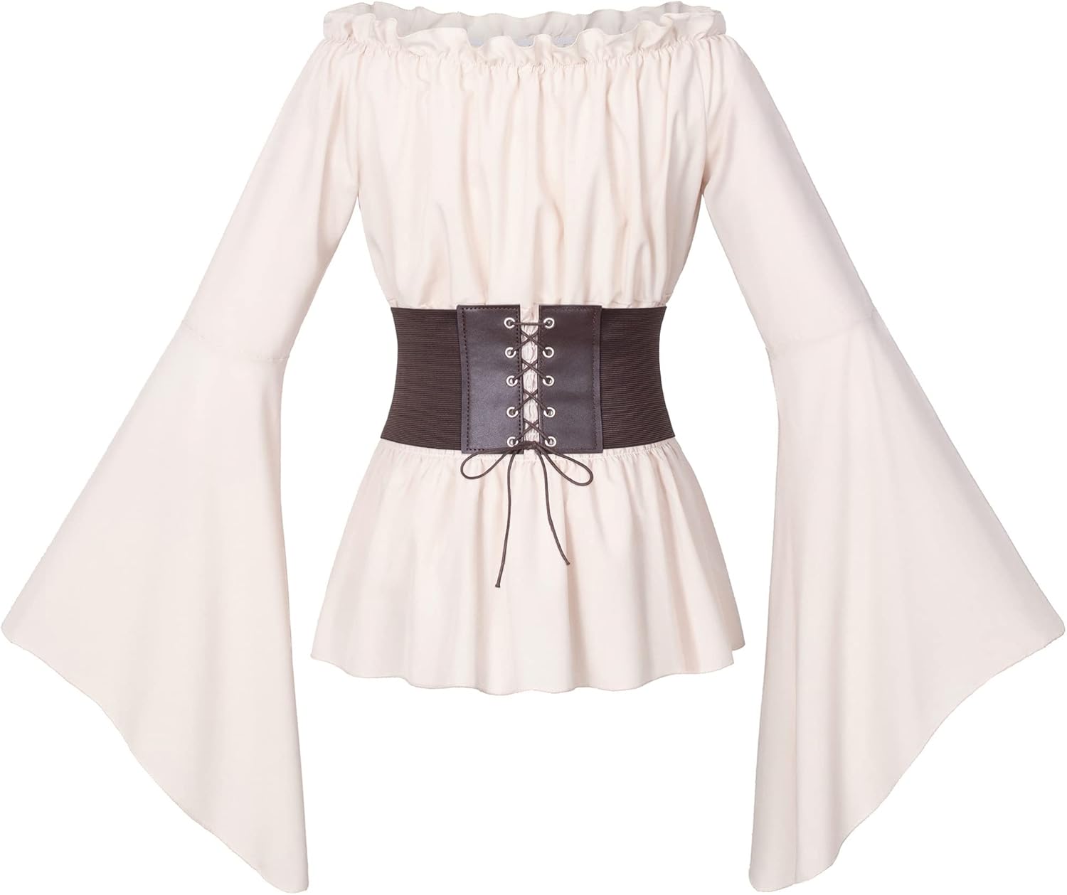 Womens Renaissance Victorian Peasant Ruffle Smocked Waist Boho Pirate Shirt Blouse with Belt Set - Image 4